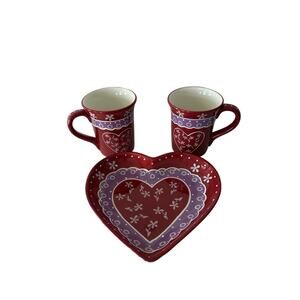Mesa Home Heart Plate & 2 Mug Set Red Purple Valentine Coffee Set Hand Painted